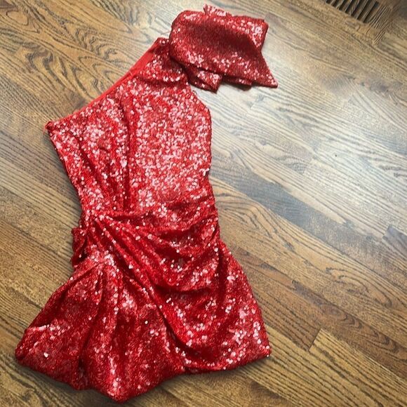 RONNY KOBO Brit one-shoulder bow-embellished sequined stretch-tulle mini dress M - Picture 4 of 8